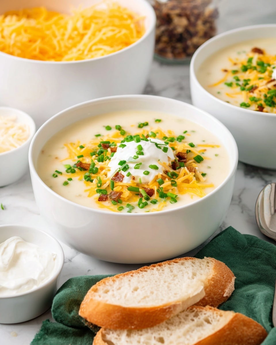 A white bowl filled with creamy, pale yellow soup forms the base layer, smooth in texture and thick in consistency. On top, a generous layer of shredded orange cheddar cheese adds bright color and a slightly stringy texture. Scattered over the cheese are crispy, browned bacon pieces, adding a crunchy and rich layer in deep reddish-brown tones. Small, vibrant green chopped scallions cover the bacon, giving a fresh, contrasting pop of color. A shiny silver spoon is placed inside the bowl on the right side, partially submerged in the soup. The bowl rests on a white marbled surface decorated with scattered green parsley leaves and chopped scallions. Photo taken with an iphone --ar 4:5 --v 7