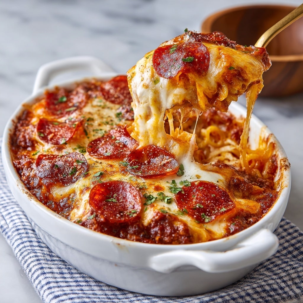 A white oval dish filled with a layered baked pasta dish; the bottom layer is red tomato sauce mixed with pasta, topped with melted white cheese that is slightly browned in spots, and scattered thin round slices of dark red pepperoni. Fresh green basil pieces are sprinkled on top, adding color contrast. The dish sits on a white marbled surface with a floral cloth nearby and a silver spoon resting inside the dish's right side. Photo taken with an iphone --ar 4:5 --v 7
