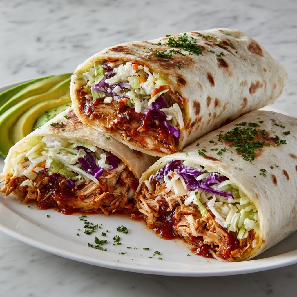 A close-up of two large burritos cut in half and placed on a white plate with sliced avocado on the side. Each burrito shows three main layers inside: the outer white flour tortilla with light brown spots, a middle layer of shredded chicken with a reddish-brown barbecue sauce, and a colorful inner layer of shredded cabbage in white and purple, mixed with a creamy dressing and thin strips of cheese. The burritos are sprinkled with chopped green herbs on top, and a few scattered herbs sit on the white plate, which rests on a white marbled surface. Photo taken with an iphone --ar 4:5 --v 7