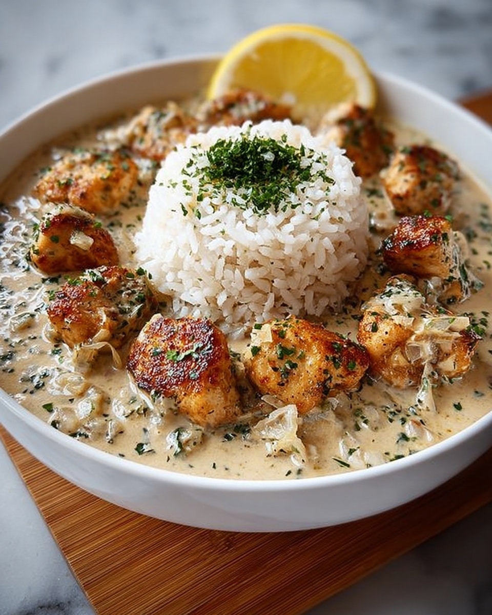 The dish shows a black cast iron skillet filled with a base layer of fluffy white rice, topped with five pieces of golden-brown, crispy chicken thighs. Each piece of chicken is covered with a creamy, light beige sauce speckled with small bits of herbs and red seasoning, garnished with finely chopped green herbs. The skillet sits on a rustic textured brown cloth over a white marbled surface, with a silver spoon partially visible in the lower left corner. In the blurred background, there is a wooden bowl with green herbs. photo taken with an iphone --ar 4:5 --v 7