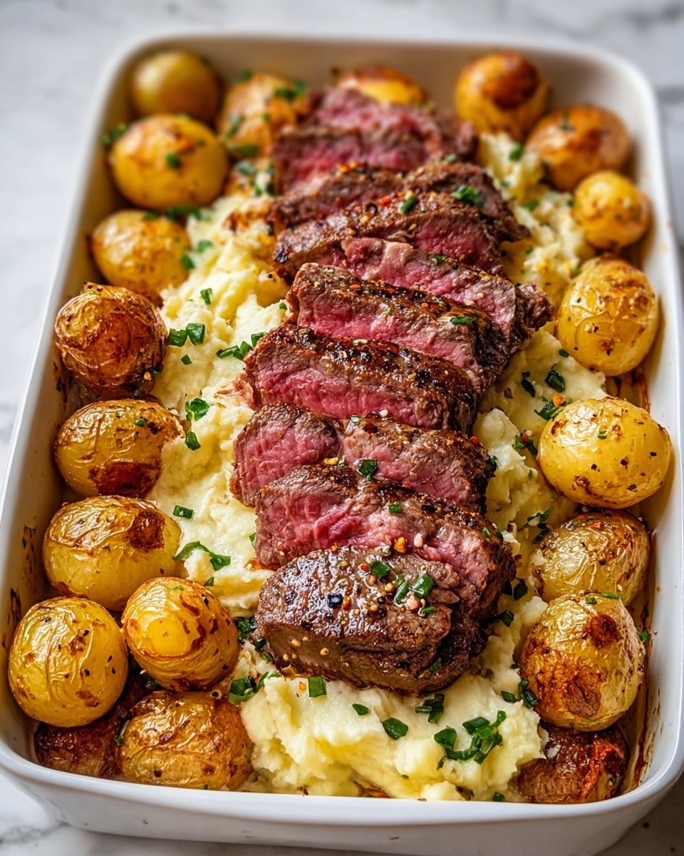 A rectangular black baking pan contains two main sections: on the left, thick slices of medium-rare steak with a pink center and a brown, peppered crust topped with small pieces of garlic and herbs; on the right, halved golden-yellow roasted potatoes with a slightly crispy browned surface and sprinkled with fresh green herbs. The background features a white marbled texture. photo taken with an iphone --ar 4:5 --v 7