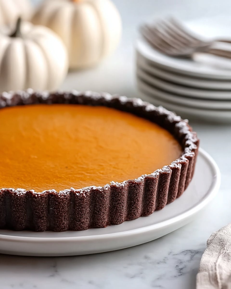 A smooth, orange pumpkin filling sits evenly on top of a thick, dark brown chocolate crust with a crimped edge, forming one neat layer. The tart is placed on a round, white plate that rests on a white marbled surface. In the background, there is a soft focus of stacked white plates with forks on top and a white pumpkin nearby. photo taken with an iphone --ar 4:5 --v 7
