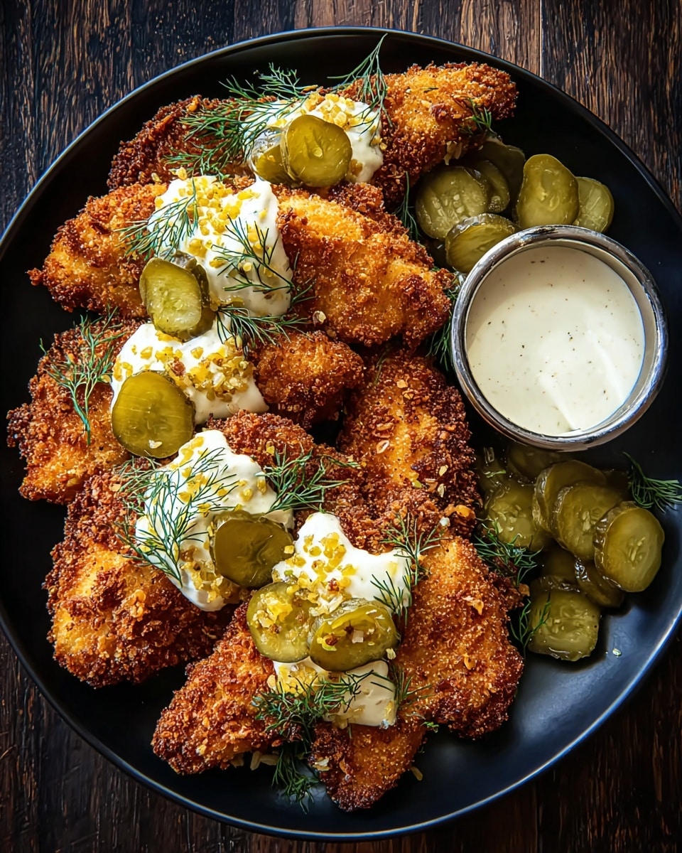 A black plate holds six pieces of golden brown, crispy breaded chicken tenders arranged in a neat pile. On top of the chicken, there is a line of creamy white sauce glistening with small yellow bits and sprigs of fresh green dill, along with several green pickle slices layered evenly. Around the chicken, additional pickle slices and dill sprigs are scattered. On the right side of the plate, a small metallic bowl filled with smooth white dipping sauce sits next to more pickle slices. The plate is set on a dark wooden surface. photo taken with an iphone --ar 4:5 --v 7