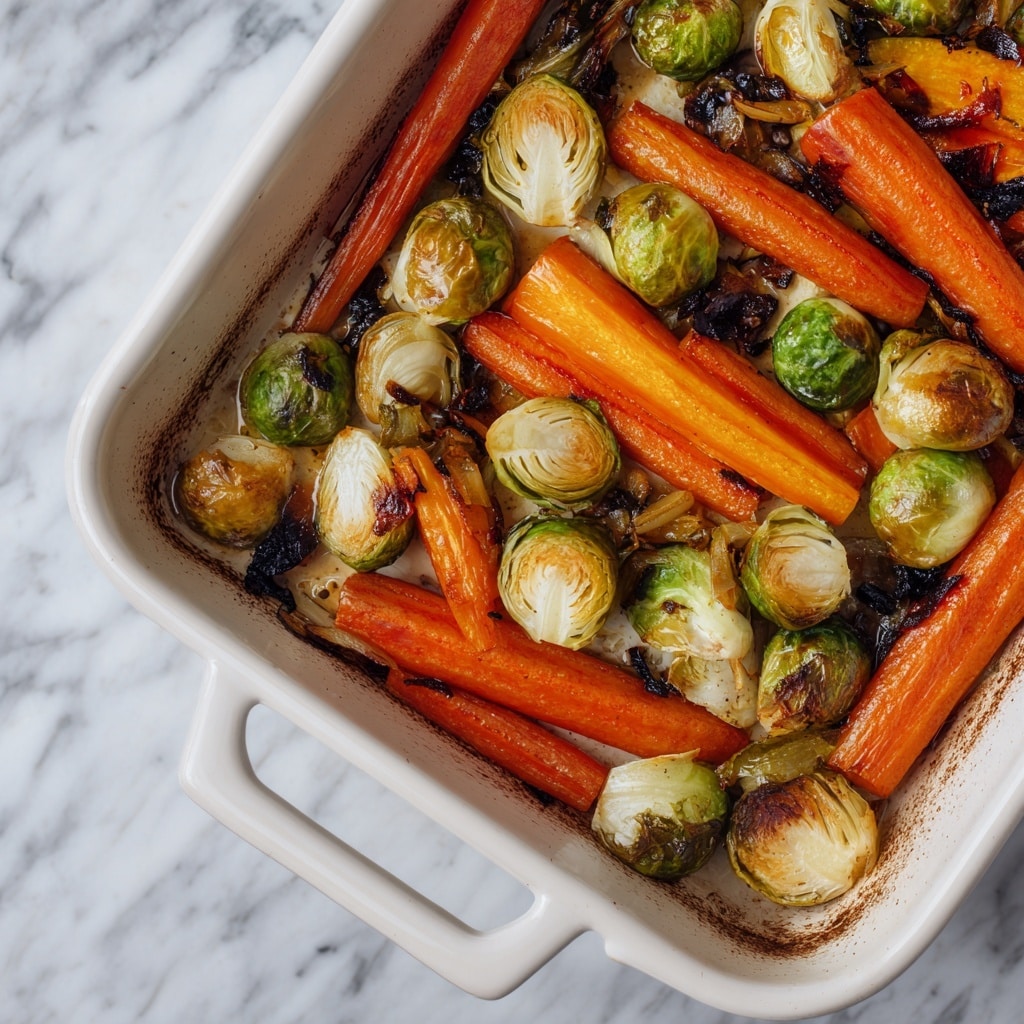 A round white plate with a light brown rim holds a mix of roasted vegetables arranged in a loose pile. The dish has two main layers: the bottom layer consists of thick, roasted orange carrot sticks with a slightly charred texture, and the top layer shows halved Brussels sprouts with green and crispy brown edges from roasting. The vegetables have a shiny, slightly oily surface, showing they were cooked with seasoning. A woman's hand is holding the plate from below, against a background of a white marbled texture, with two small potted green plants partially visible at the top. photo taken with an iphone --ar 4:5 --v 7