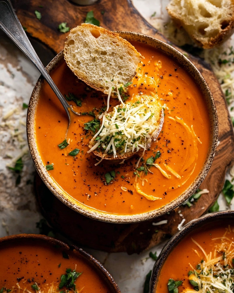 A close-up view of a pot filled with rich, creamy orange soup that has a smooth texture and some small bubbles on the surface. In the center of the soup, there is a pile of shredded pale yellow cheese starting to melt. A wooden spoon rests inside the pot, partially covered with the soup and some cheese. The pot is white inside with a dark blue rim and handles. Underneath, there is a gray and white striped cloth on a white marbled surface. The photo taken with an iphone --ar 4:5 --v 7