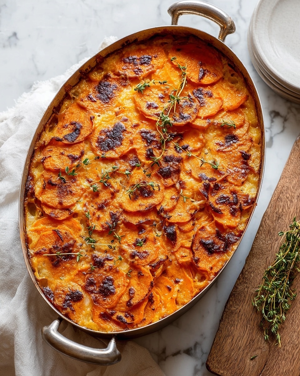 The image shows a slice of a baked dish on a white plate, sitting on a white marbled texture surface. The dish has about three visible layers: the bottom layer is soft and creamy with a light beige color; the middle layer is mixed with small pieces of dark red berries and small green herbs; the top layer is golden brown with crispy edges, and it is sprinkled with bright red dried cranberries and a sprig of fresh green rosemary for garnish. The dish looks moist with some shiny glaze dripping slightly down the sides. Photo taken with an iphone --ar 4:5 --v 7
