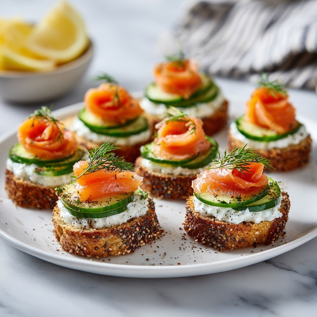 The dish shows three small white bread slices with sesame seeds around the edges, each topped with a creamy white spread mixed with herbs, a single thick green cucumber slice, and a rolled bright orange piece of smoked salmon on top. Each salmon roll is garnished with a small sprig of dill and a sprinkle of black pepper. The bread slices are arranged on a white plate placed on a white marbled surface, with a blurred bowl of lemon wedges in the background. Photo taken with an iphone --ar 4:5 --v 7