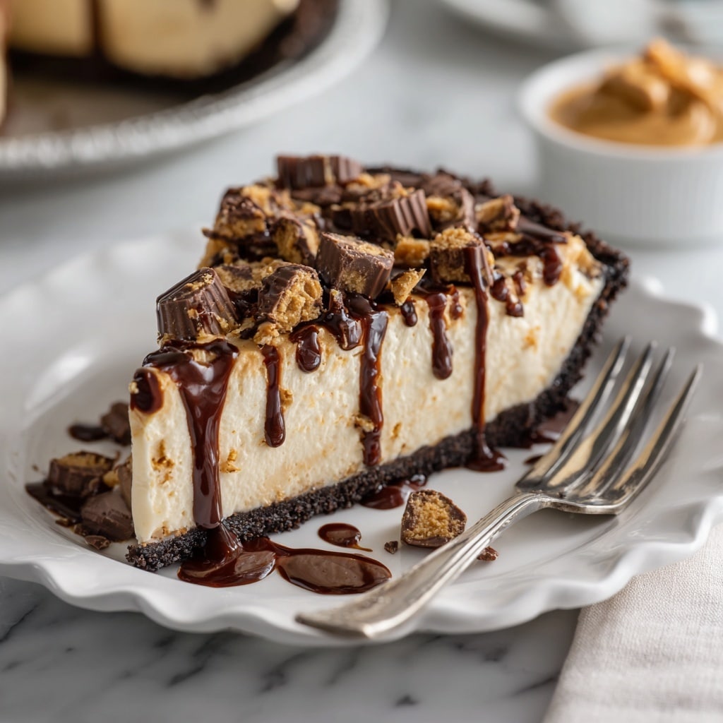 A slice of pie sits on a white scalloped plate, showing three layers: a dark crumbly crust at the bottom, a thick creamy beige filling in the middle, and a topping of chopped chocolate peanut butter cups scattered unevenly on top. Dark chocolate syrup is drizzled over the top and sides, with some pooling on the plate. The plate is on a white marbled surface, with a fork resting to the right side. In the background, a bowl of peanut butter and another plate are softly out of focus. photo taken with an iphone --ar 4:5 --v 7
