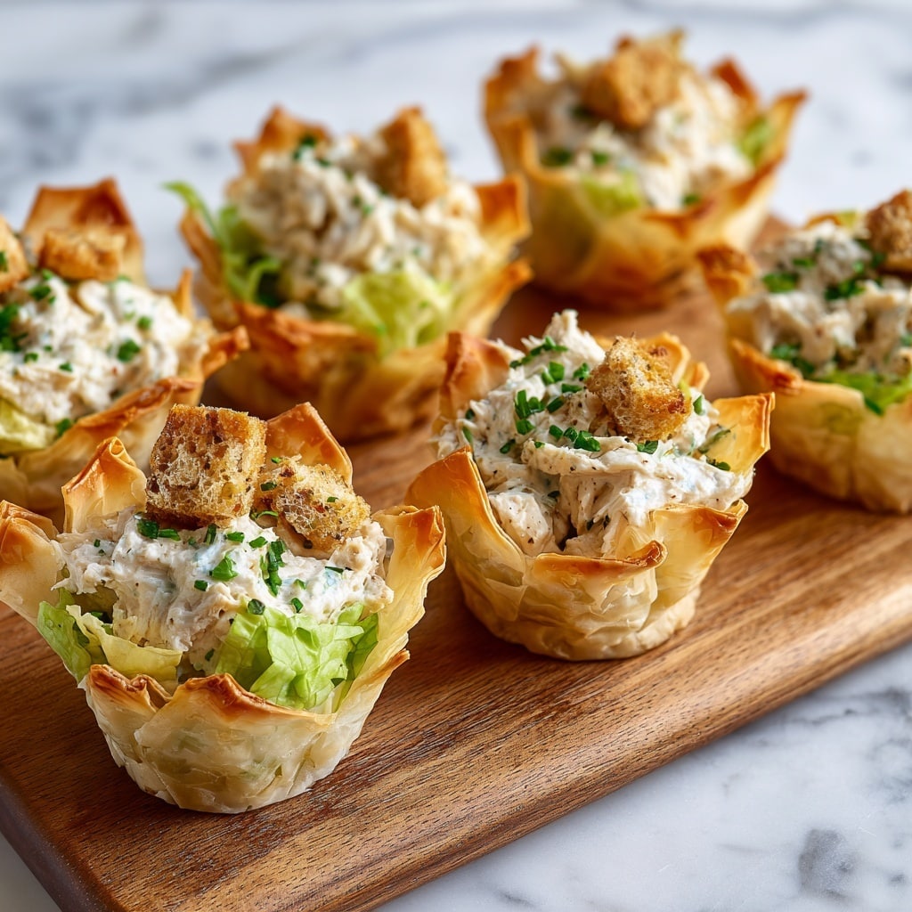 The image shows a crispy, golden-brown edible cup made from a baked thin dough shell, placed on a white plate over a white marbled surface. Inside the cup, there are layers of crunchy croutons in light brown, fresh green lettuce leaves, and a topping of finely shredded white cheese with small green herb pieces sprinkled on top. In the background, several similar cups filled with the same ingredients rest on a wooden board covered with parchment paper, with a soft gray cloth beneath the board. The overall look is fresh and inviting. Photo taken with an iphone --ar 4:5 --v 7