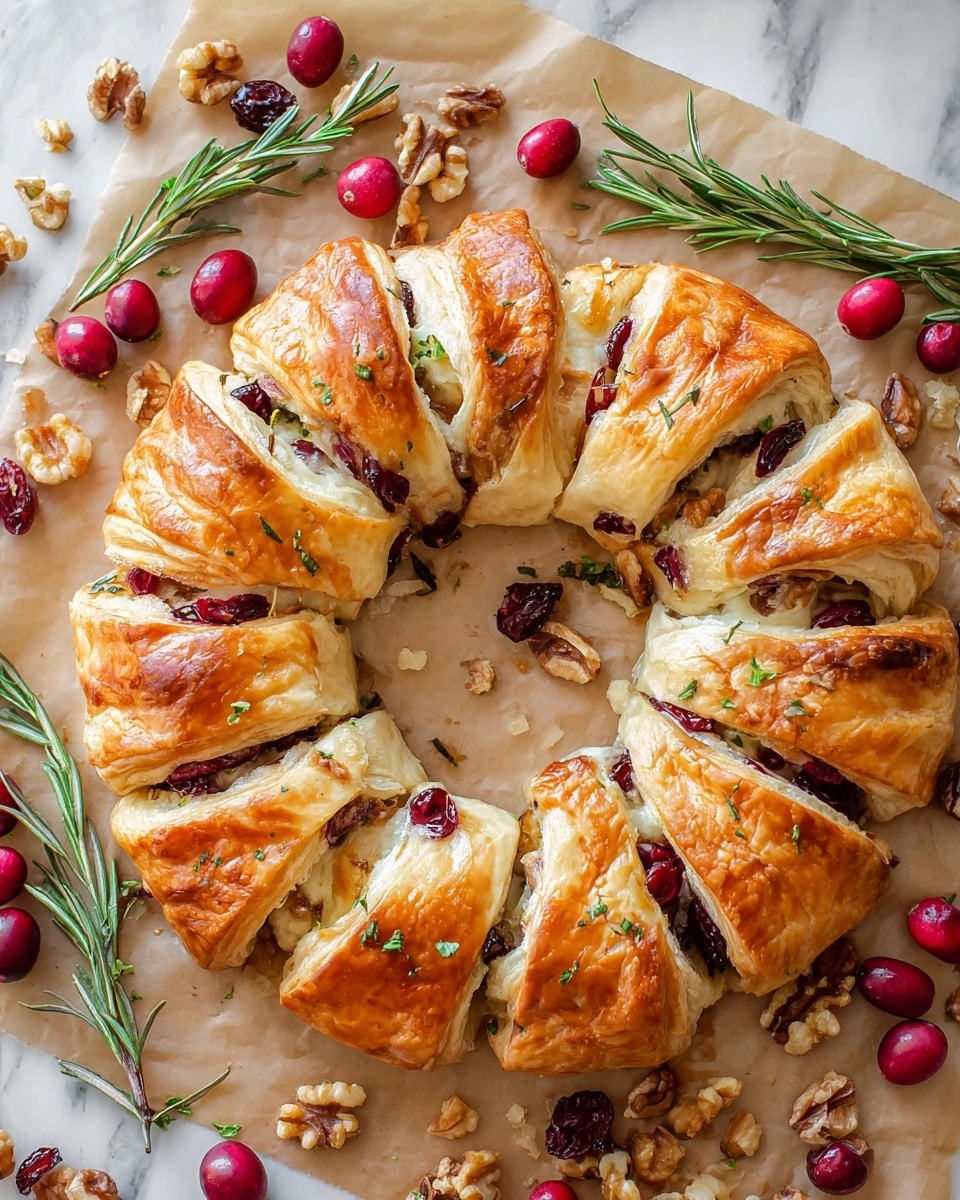 The image shows a golden brown puff pastry ring with about ten slices evenly cut along its circle. Each slice has visible layers of flaky crust on the outside, with melted creamy white cheese and dark red cranberries inside. The pastry is sprinkled with small green rosemary leaves, adding texture on the surface. Around the ring, there are scattered fresh whole cranberries, dried cranberries, chopped walnuts, and sprigs of fresh rosemary, all placed on a sheet of parchment paper. The photo is taken from above on a white marbled texture. Photo taken with an iphone --ar 4:5 --v 7