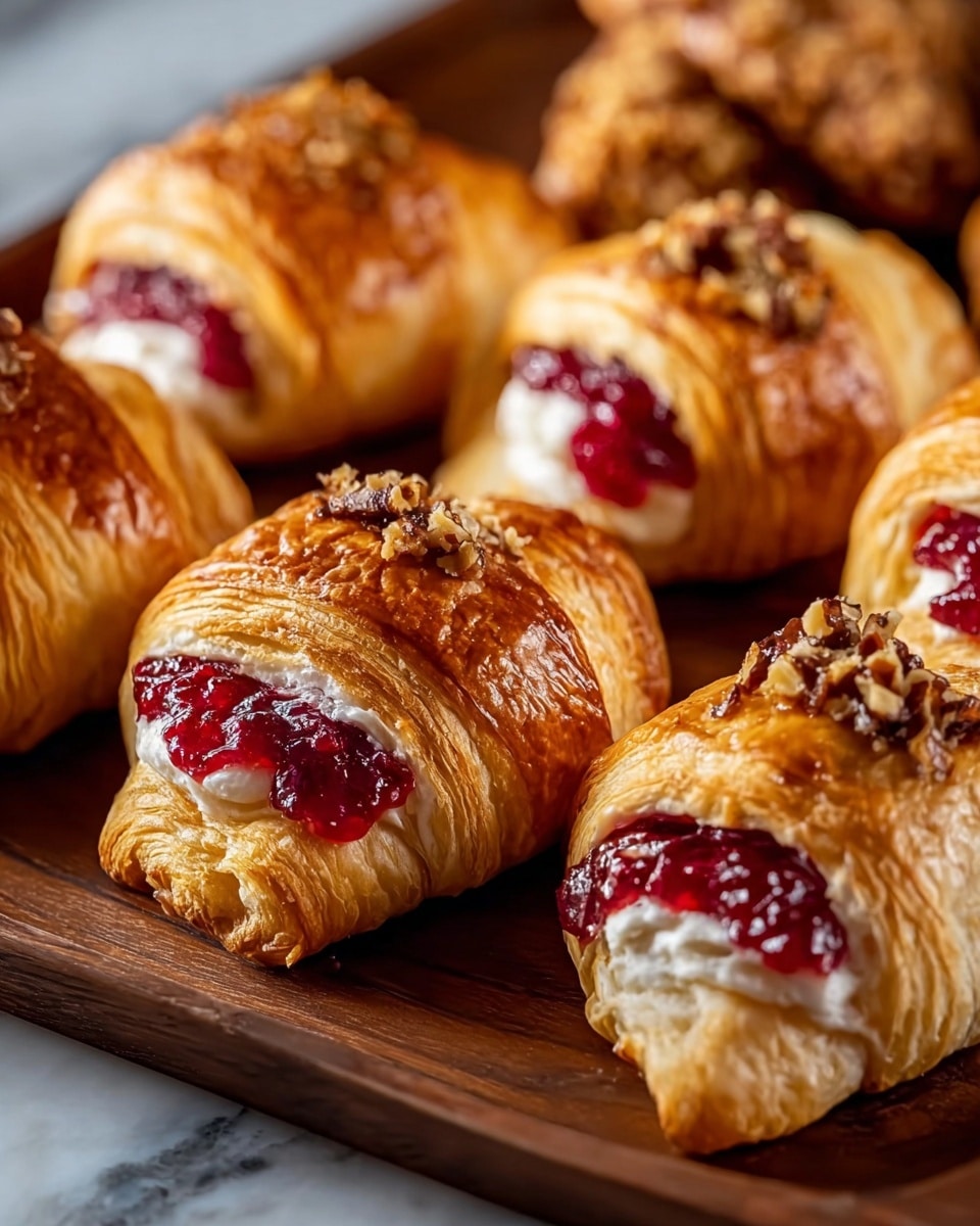 The image shows several golden brown croissants arranged closely together on a dark wooden tray. Each croissant has layers of flaky, crispy pastry with a shiny surface, indicating they are freshly baked. Inside, there is a visible layer of white creamy filling topped with a bright red fruit jam that appears sticky and slightly chunky. Some croissants on the tray have chopped nuts sprinkled on one side, adding extra texture and a rich brown color contrast. The background is softly blurred, highlighting the croissants in sharp focus, all set on a white marbled texture. photo taken with an iphone --ar 4:5 --v 7