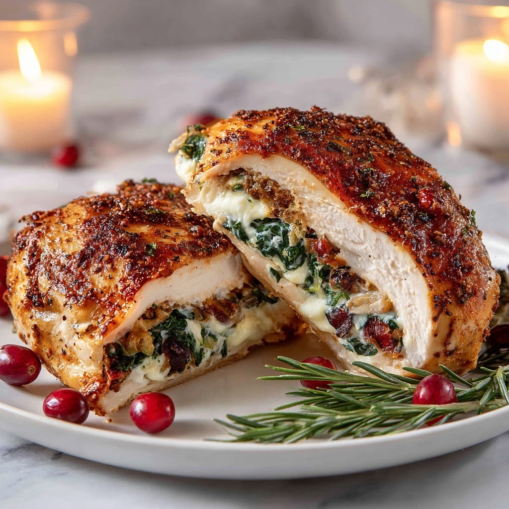 The image shows two golden-brown chicken breasts baked in a white dish, each stuffed with a layer of dark green spinach and light yellow cheese slices in the middle. On top of the chicken, there are small dark red berries spread across, adding a pop of color. The chicken looks juicy with a slight shine from the cooking sauce around it. The white dish with the food sits on a white marbled surface. Photo taken with an iphone --ar 4:5 --v 7