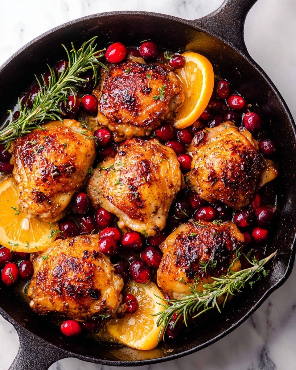A black cast iron skillet filled with six pieces of golden-brown roasted chicken thighs, each showing a crispy, slightly charred skin textured with spices. The chicken pieces are nestled among bright red cranberries, some whole and glossy, others softened and cooked. There are two vibrant orange slices partially tucked between the chicken, adding a fresh pop of color. A sprig of fresh green rosemary lies on top, adding a natural touch. The skillet rests on a white marbled surface. photo taken with an iphone --ar 4:5 --v 7
