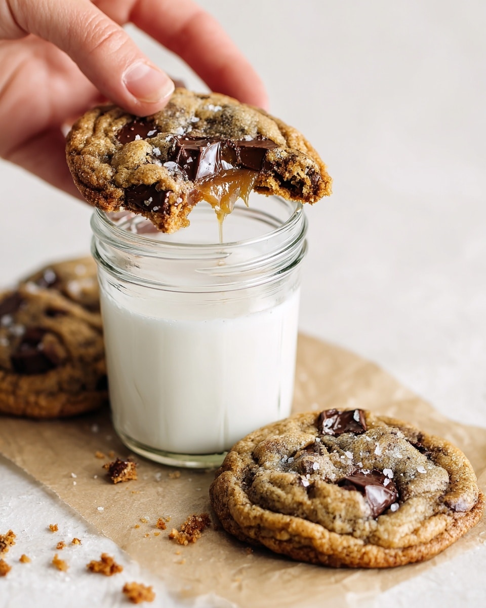 A close-up image shows a woman's hand holding a half-eaten chocolate chip cookie with a soft, gooey caramel center above a clear glass jar filled halfway with white milk. The cookie is golden brown with visible melted dark chocolate chunks and a few flakes of coarse salt sprinkled on top. Below the jar, there is a piece of light brown parchment paper on a white marbled surface, scattered with cookie crumbs. Two more chocolate chip cookies, one whole and one partially eaten, rest on the parchment paper behind the jar, with their rich, melty chocolate chips visible. The scene is bright and clean, emphasizing the fresh, homemade look of the cookies. photo taken with an iphone --ar 4:5 --v 7