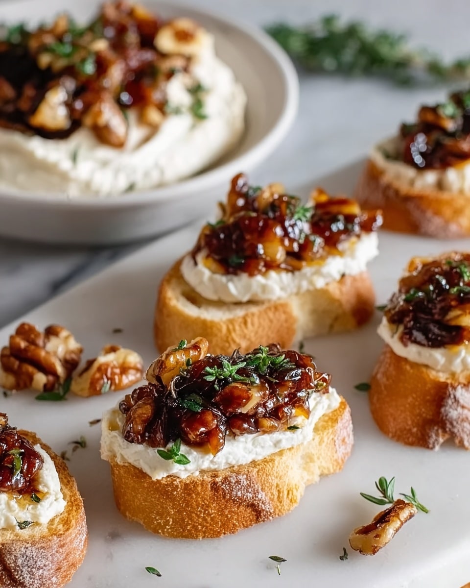 A white oval baking dish filled with a creamy white cheese dip as the bottom layer, topped with a thick layer of dark brown caramelized onions spread evenly. Scattered on top are glossy, toasted pecans and fresh green herb sprigs adding texture and color. A woman's hand is holding a golden toasted bread slice dipped into the creamy cheese and onion mix, showing a close-up of the soft, rich texture of the dip clinging to the bread. The dish sits on a white marbled surface with fresh green herbs around it, creating a fresh look. Photo taken with an iphone --ar 4:5 --v 7