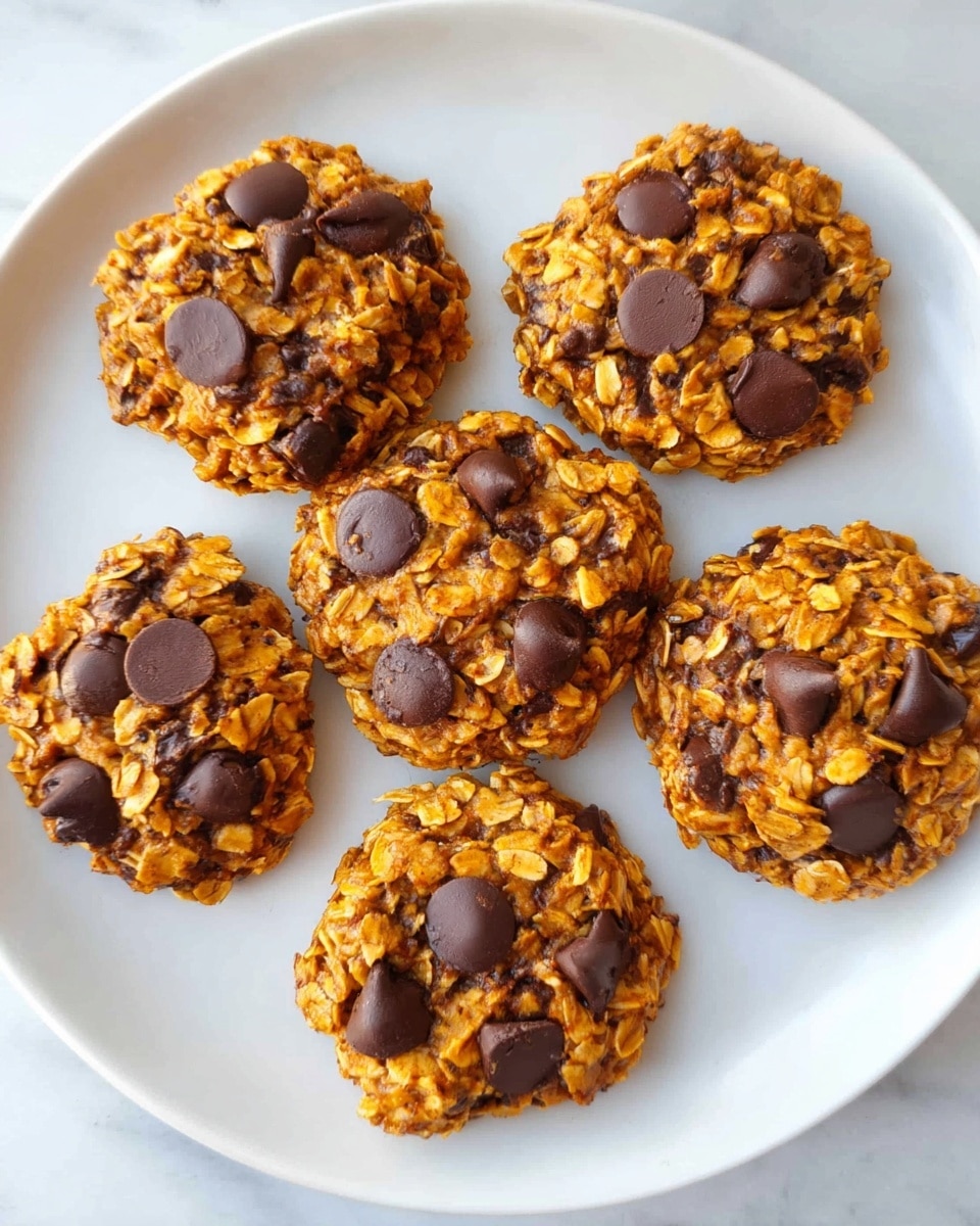 A close-up shows a small round cookie held by a woman's hand with red nail polish. The cookie has a rough texture with visible oats and large dark chocolate chips mixing with a light brown base, giving an uneven but soft look. The woman's fingers grip the cookie from below, with the thumb on one side. In the background, two more cookies rest on a white plate, all placed on a white marbled surface. Blurred behind the plate are two small orange pumpkins on one side and a maple syrup bottle with a colorful label on the other. Photo taken with an iphone --ar 4:5 --v 7