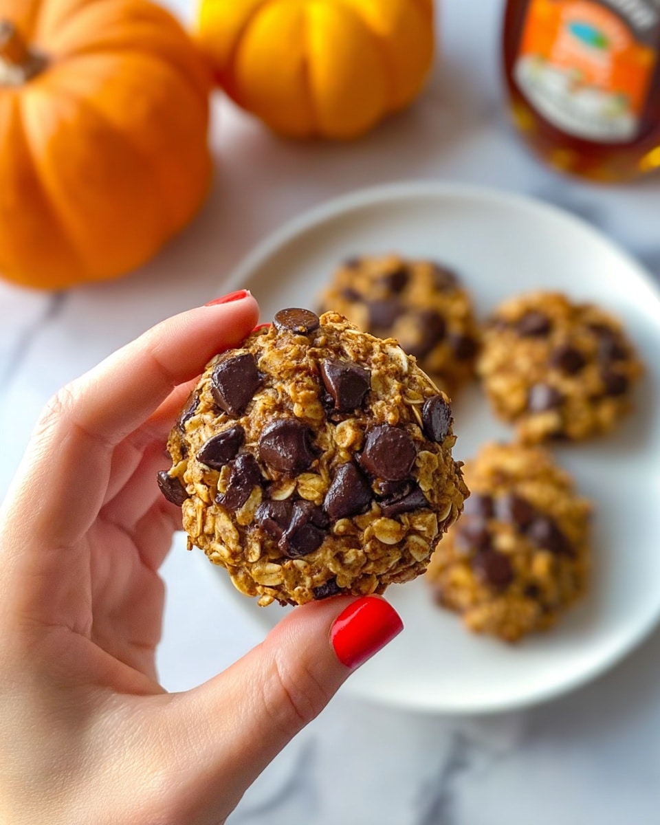 The image shows six round, thick cookies arranged on a white plate, each cookie made from layers of golden-orange oats mixed tightly with dark brown chocolate chips, giving a chunky texture. The oats provide a rough, slightly crumbly look with many small pieces sticking out, while the chocolate chips add a smooth, glossy contrast scattered on the top and within the cookies. The cookies have an uneven, homemade shape and are placed on a white marbled surface that adds a clean background to highlight the warm colors of the cookies. photo taken with an iphone --ar 4:5 --v 7
