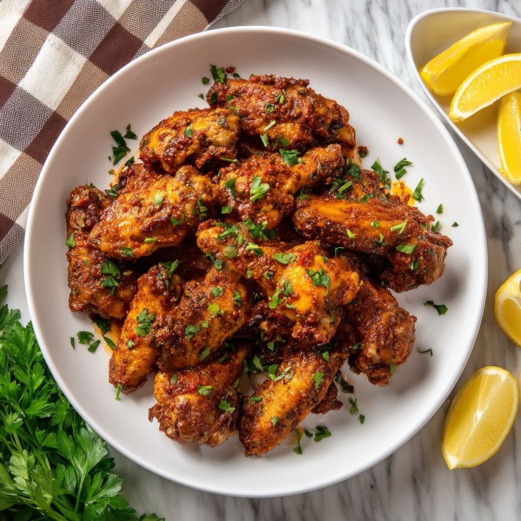 A white round plate full of spicy cooked chicken wings, showing about two layers packed tightly. The wings have a rich brown-red color with some darker crispy edges, coated in a shiny sauce. Small chopped green herbs are scattered evenly on top. To the upper right side, there is a small white oval dish holding four bright yellow lemon wedges. The setting is on a white marbled surface with a brown and white checkered cloth along the top left edge and fresh green parsley at the bottom left. photo taken with an iphone --ar 4:5 --v 7