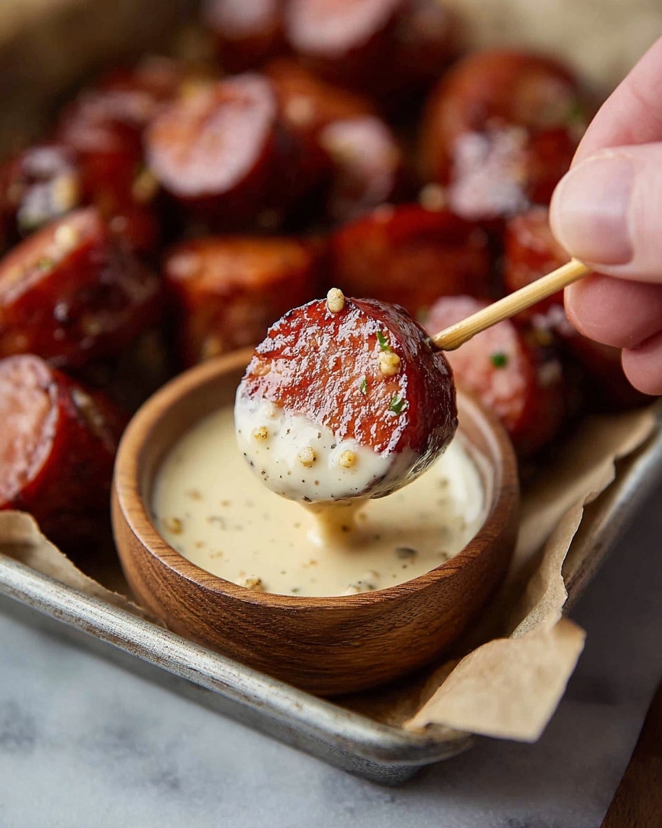 A close-up image shows a woman's hand holding a small wooden skewer with a round slice of glazed sausage dipped halfway in a creamy sauce with visible mustard seeds. The sausage is shiny and deep reddish-brown, showing a juicy texture. The skewer is dipped into a small round wooden bowl full of the creamy sauce. The background shows more slices of sausage placed in a metal tray lined with light brown parchment paper, all on a white marbled surface. The focus is sharp on the sausage slice and sauce, with the rest softly blurred. Photo taken with an iphone --ar 4:5 --v 7