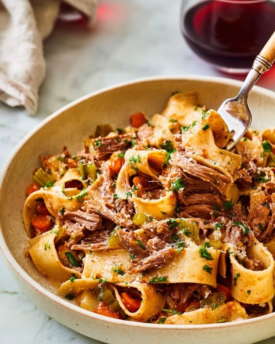 A black slow cooker filled with thick, wide, yellowish pasta noodles mixed with tender shredded brown meat and small orange and green vegetable pieces in a rich, slightly glossy brown sauce, with a silver spoon partially submerged on the right side; the slow cooker is set on a white marbled surface. photo taken with an iphone --ar 4:5 --v 7