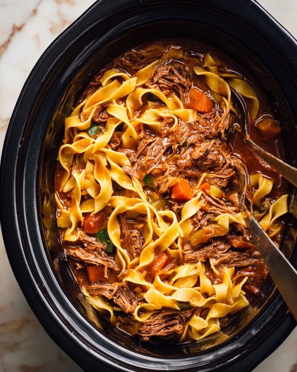 A white bowl filled with wide, flat pasta noodles layered with tender chunks of brown shredded meat mixed with small pieces of orange carrots and light green celery, all covered in a light brown sauce and sprinkled with fresh green herbs. A fork with a light brown handle is lifting a bite, showing the thick pasta and meat combination. The bowl sits on a white marbled surface with a glass of red liquid nearby. Photo taken with an iphone --ar 4:5 --v 7