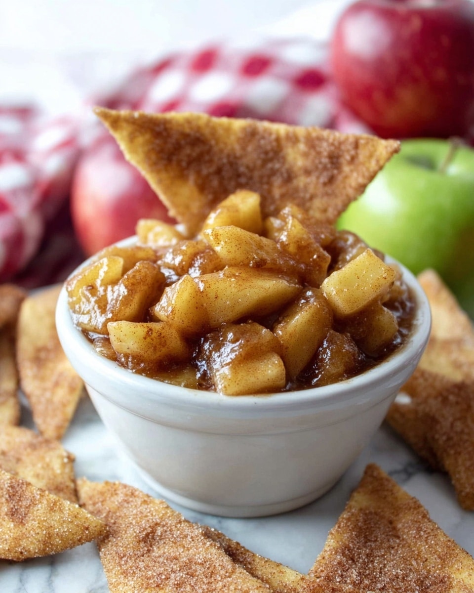 A white scalloped bowl sits in the center filled generously with chunky apples mixed in a glossy brown cinnamon sauce, creating a rich texture with visible soft apple pieces. Surrounding the bowl on a round white plate are crispy, golden-brown chips coated in cinnamon sugar, each with a lightly crunchy and slightly rough texture. The plate rests on a white marbled surface, and in the blurred background, there are whole apples and a red and white striped cloth adding a fresh, cozy atmosphere. Photo taken with an iphone --ar 4:5 --v 7