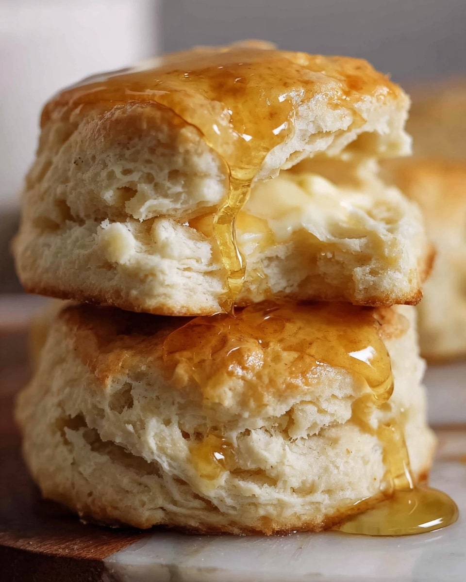 The image shows two layers of soft, fluffy biscuits with a golden brown crust. The bottom biscuit is square-shaped with a slightly crumbly texture visible on its side. The top biscuit has a bite taken from it, revealing its light, airy, and tender inside. A shiny, golden honey drizzle flows smoothly over the top biscuit, dripping down onto the biscuit below. The biscuits are placed close together on a wooden surface with a white marbled texture in the background. photo taken with an iphone --ar 4:5 --v 7