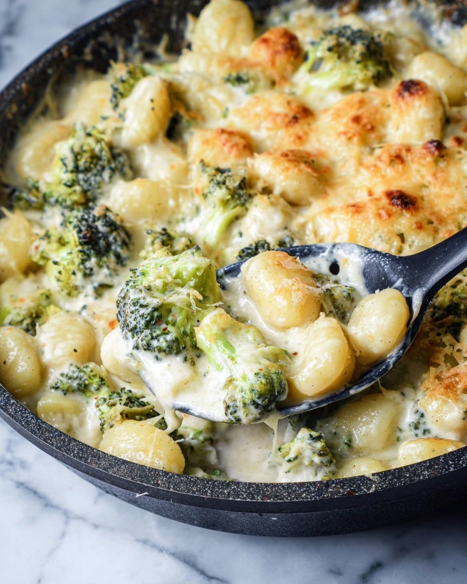 The image shows a close-up of a creamy baked dish in a black pan, filled with gnocchi and broccoli. The dish has a thick white sauce covering the ingredients, with some golden-brown spots indicating melted and slightly toasted cheese on top. The gnocchi are soft and plump, light yellow and white in color, mixed evenly with pieces of green broccoli that have a slightly tender look. A black spoon scoops out part of the dish, holding a mix of gnocchi and broccoli covered in the creamy sauce. The background is a white marbled surface. Photo taken with an iphone --ar 4:5 --v 7