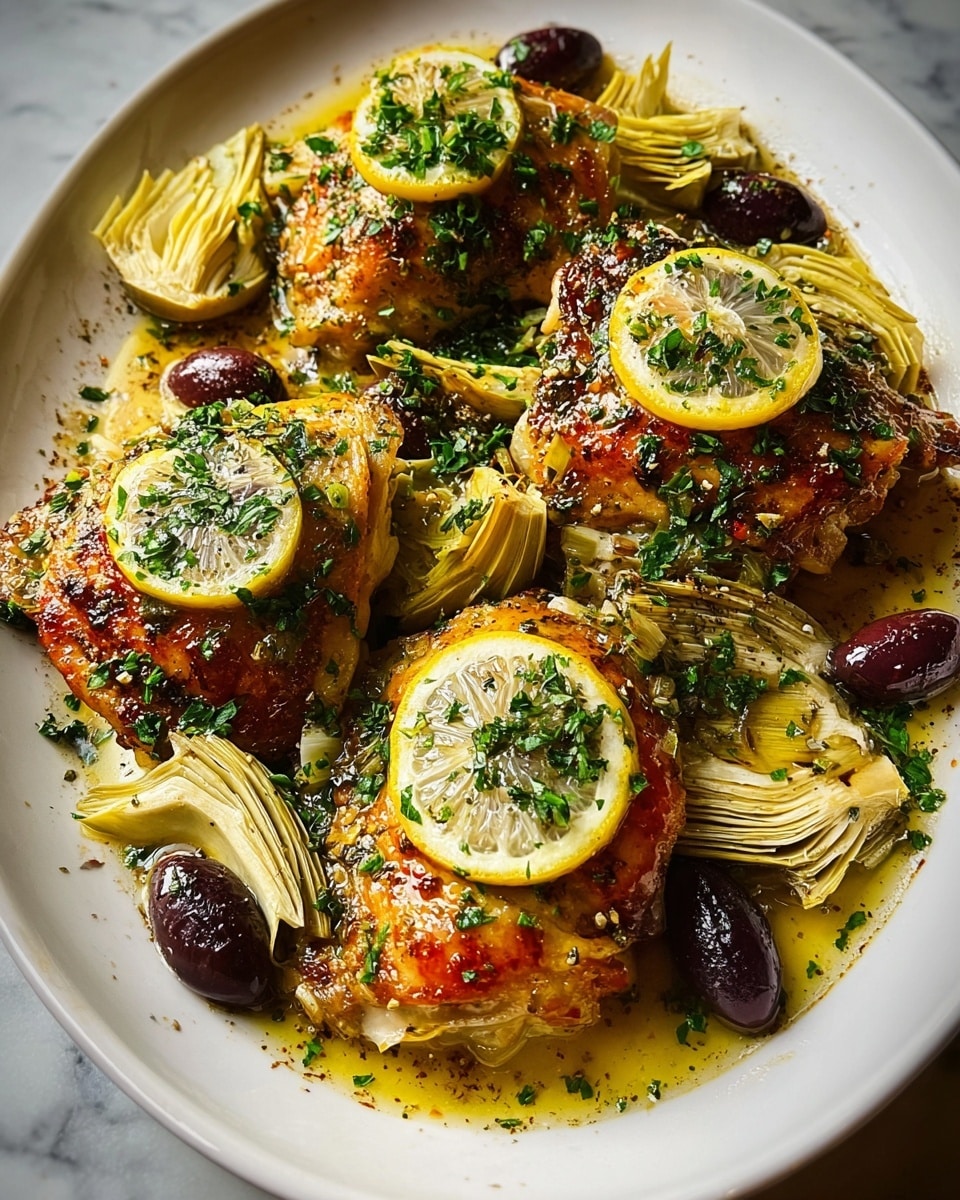 A black cast iron pan sits in the center on a white marbled surface, holding six pieces of golden-brown roasted chicken thighs arranged evenly, showing crispy, textured skin with a light sprinkling of black pepper. Around the pan are five small white bowls: in the top left, deep purple olives; at the top right, round, thin slices of lemon; bottom left holds chopped artichoke hearts with pale green and beige tones; bottom right contains large green olives with a shiny texture, and next to it a few garlic cloves rest on a small white saucer. Two lemon halves are placed on the white marbled surface near the pan's handle, which is wrapped in a soft beige cloth. Photo taken with an iphone --ar 4:5 --v 7