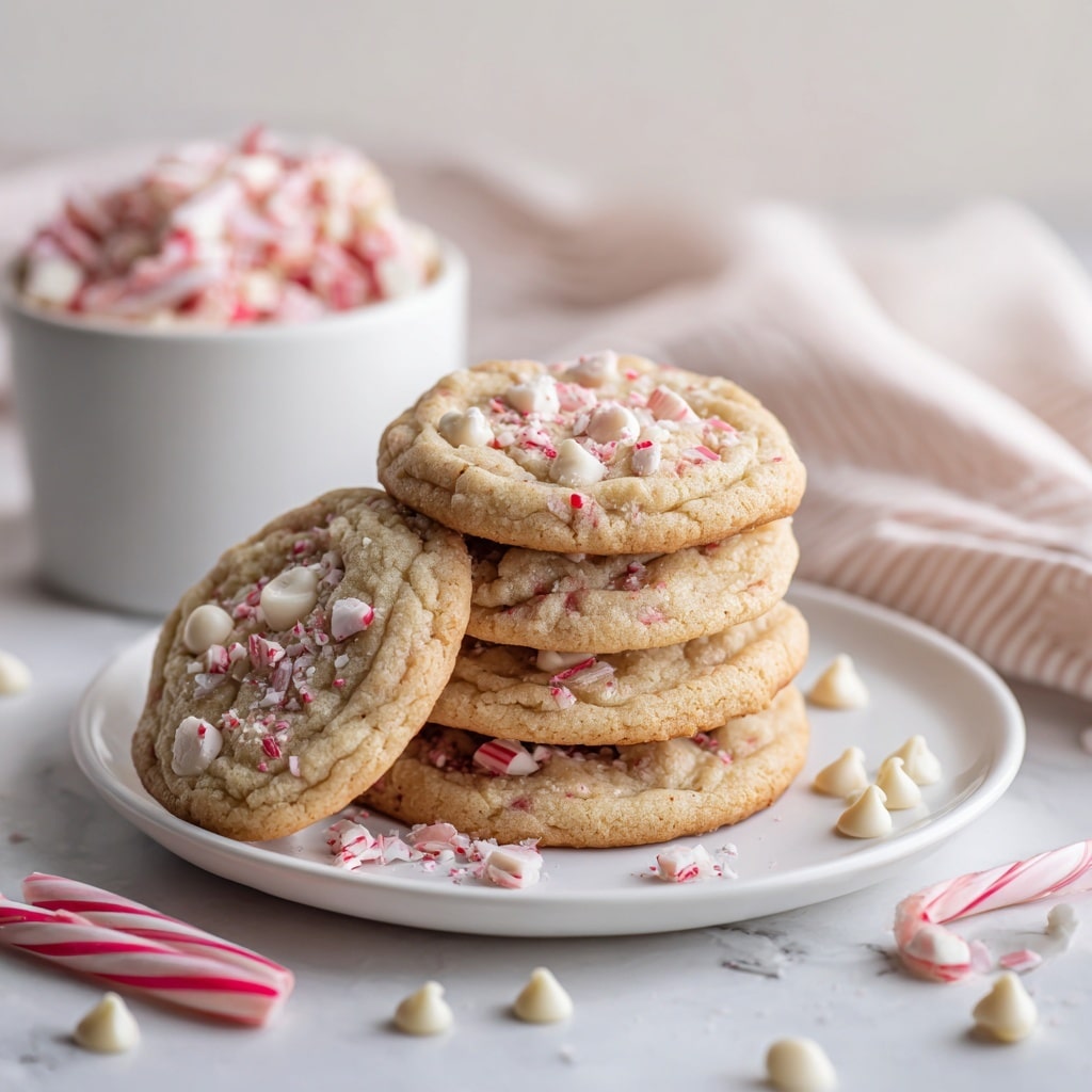 The image shows a group of soft cookies with a light golden color and visible white chocolate chips and small pink candy pieces inside and on top. The cookies are round and have a slightly cracked texture on the surface, arranged on a white plate. Near the cookies, there are some small white chocolate chips scattered around, and two small pink and white candy canes rest in front of the plate. Behind the plate is a white bowl filled with more broken pieces of pink and white candy cane. The scene is placed on a white marbled surface with a soft light and a light pink and white striped cloth partially visible in the background. The photo taken with an iphone --ar 4:5 --v 7