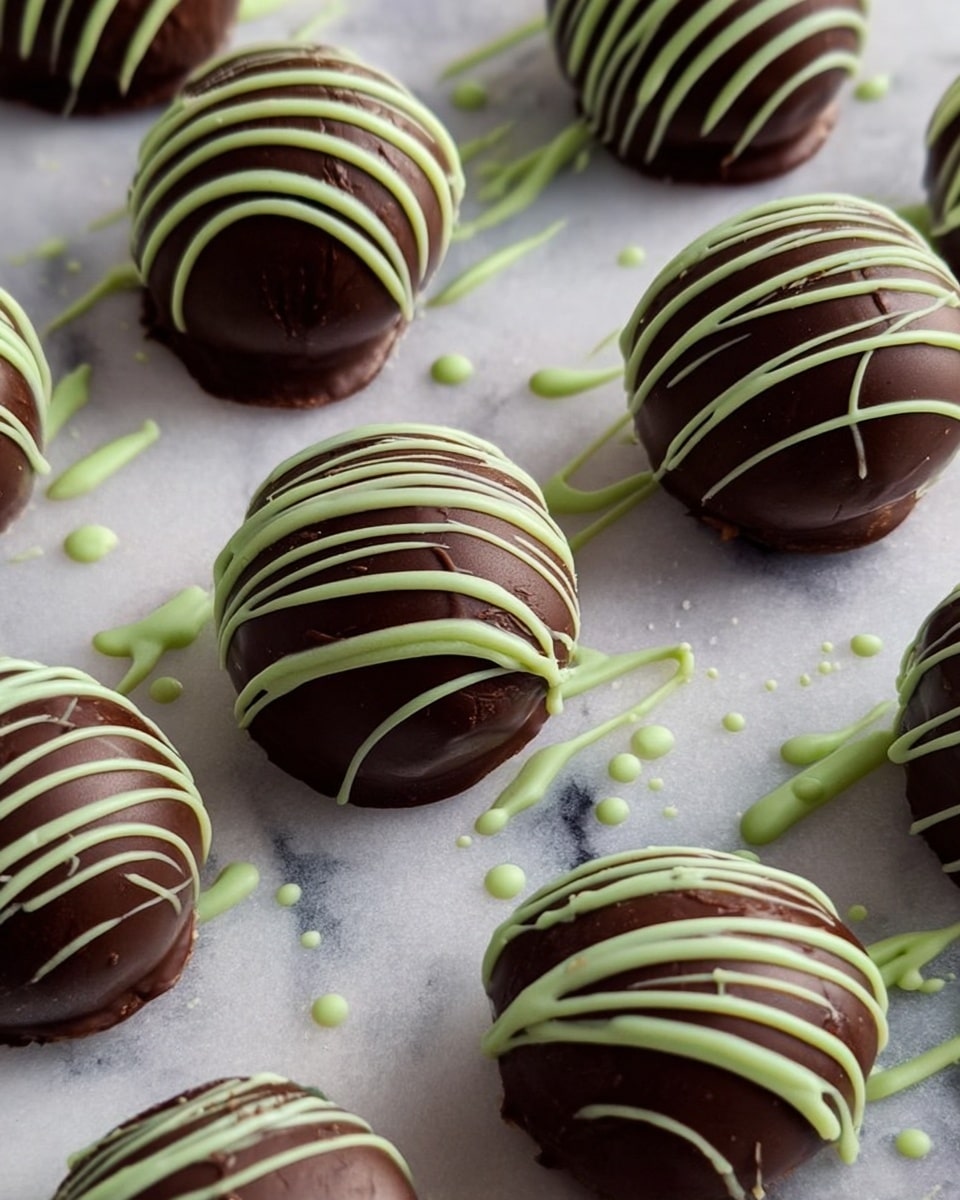 The image shows a close-up of several round chocolate truffles stacked on a white plate, placed on a white marbled surface. Each truffle is coated with smooth dark chocolate and decorated with different toppings. Some truffles have thin light blue stripes drizzled in curved lines on top, while others have small pieces of mint chocolate scattered over their smooth surface. One truffle is held delicately by a woman's hand and shows a bite taken out, revealing a rich, dense, dark brown filling inside with a moist texture. The lighting highlights the glossy chocolate coating and the fine details of the toppings. photo taken with an iphone --ar 4:5 --v 7