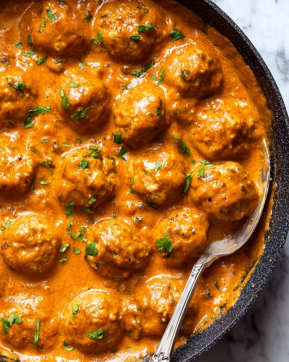 This image shows a close-up of a skillet filled with round meatballs covered in a thick orange sauce that looks creamy and textured with small bits. The meatballs are evenly coated and garnished with small green herb pieces scattered on top, adding contrast to the warm orange color. A metallic spoon with a detailed handle rests on the right side of the skillet, partially submerged in the sauce. The skillet sits on a white marbled surface, framing the rich, hearty dish. photo taken with an iphone --ar 4:5 --v 7