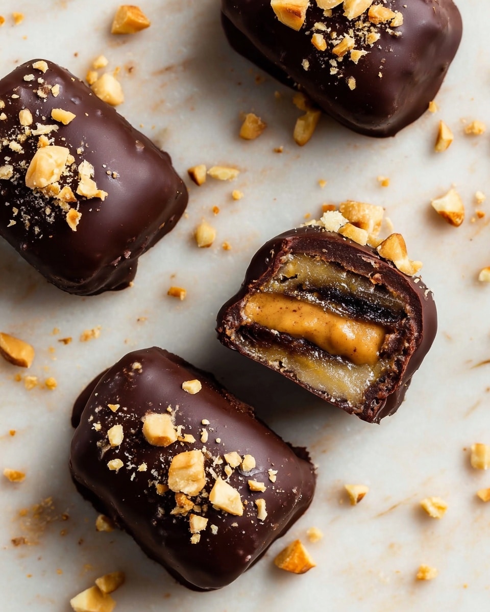 The image shows a baking sheet lined with light brown parchment paper placed on a white marbled surface. On it lies a group of stuffed dates arranged casually. Each date is dark purple-brown in color with a glossy texture. Some dates are topped with a creamy light brown peanut butter layer, which is slightly uneven and spread on the exposed side of the date. Other dates are fully coated in a smooth, shiny, dark brown chocolate glaze, with a few pieces of chopped pale peanut sprinkled on top. To the top right corner, there is a white bowl with a blue pattern on the outside, filled with glossy melted chocolate. Photo taken with an iphone --ar 4:5 --v 7