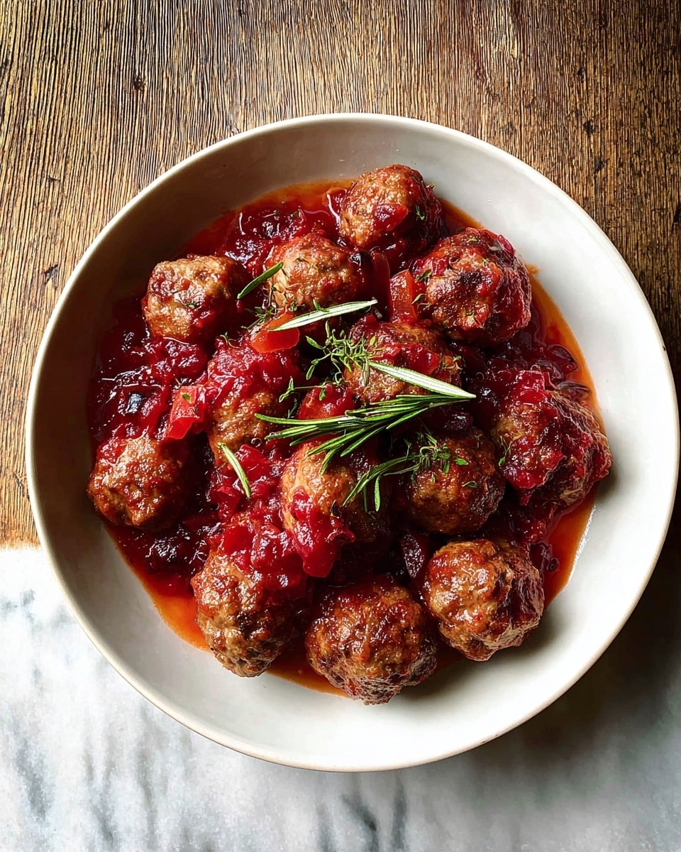 A white bowl is filled with a single layer of brown meatballs covered in a thick, chunky red sauce with visible pieces of cooked fruit or vegetables. There are green rosemary sprigs placed on top of the meatballs, adding a pop of color. The bowl sits on a white marbled texture surface. photo taken with an iphone --ar 4:5 --v 7
