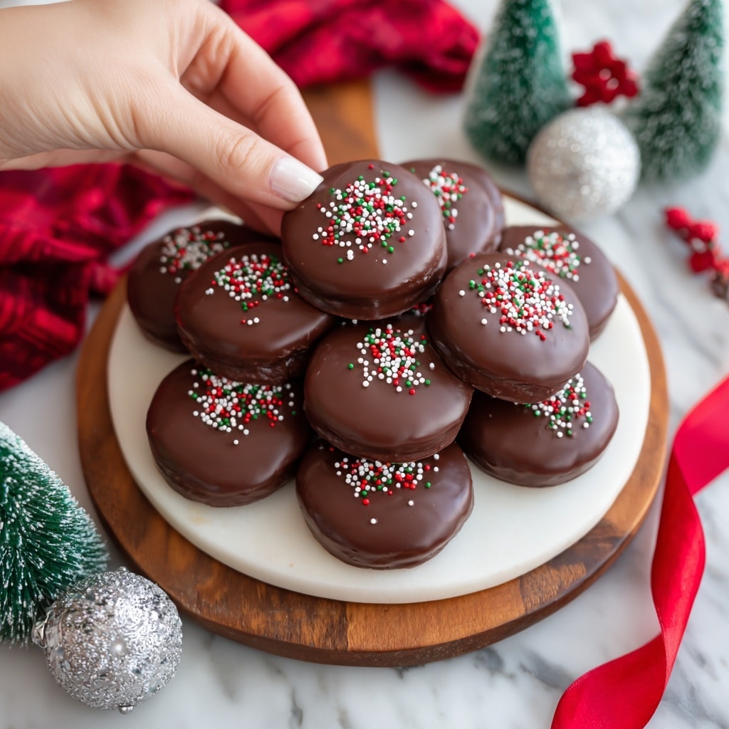 A white round cutting board filled with two layers of shiny dark chocolate cookies arranged closely on top of a wooden table with a red ribbon detail. Each cookie has a smooth, glossy surface with small red, white, and green sprinkles scattered in the middle. One cookie is held by a woman's hand at the top left of the board. Near the cutting board are small silver and red Christmas decorations and green small cone-shaped trees with silver glitter. The background is a white marbled texture. Photo taken with an iphone --ar 4:5 --v 7