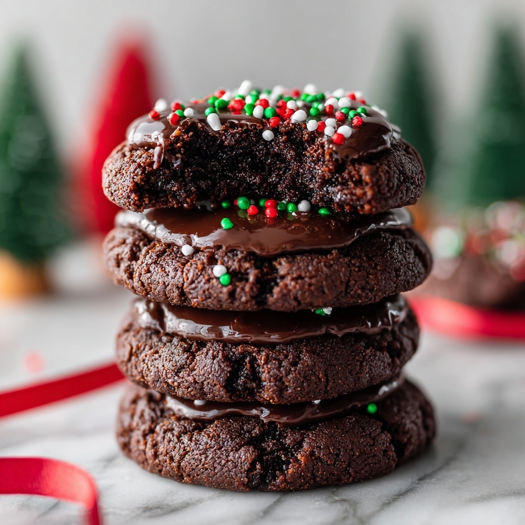 A stack of five dark chocolate cookies stands tall on a white marbled surface with a blurred background of small Christmas trees and red ornaments. The top cookie has a bite taken out, revealing a soft, rich, and moist texture inside. On top of the bitten cookie are small colorful round sprinkles in red, green, and white. The cookies have a slightly rough surface with fine cracks, showing their dense and chewy nature. A red ribbon curls around the base of the cookie stack. Photo taken with an iphone --ar 4:5 --v 7