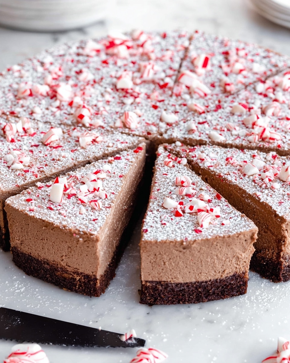 A round chocolate mousse cake is shown sliced into eight even pieces, sitting on a white marbled surface. The cake has three clear layers: a dark brown, dense bottom crust; a thick middle layer of airy, light brown chocolate mousse with a smooth, textured surface; and a top layer dusted with fine white powdered sugar. Scattered across the top are bright red and white crushed peppermint candy pieces, adding a colorful contrast to the pale powdered sugar. In the foreground, there is a black-handled knife resting on the white marbled surface and some whole peppermint candies nearby. Photo taken with an iphone --ar 4:5 --v 7