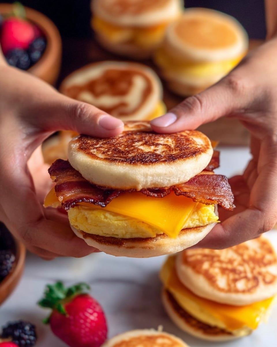 The image shows several small breakfast sandwiches made with two golden-brown pancake layers on top and bottom. Each sandwich has three layers inside: a folded pale yellow egg layer, a crispy brownish bacon layer with curled edges, and a slice of shiny melted orange cheddar cheese that slightly oozes out. In the background, there is a white rectangular bowl filled with bright red strawberries and dark blue blueberries, placed on a white marbled surface. The sandwiches are arranged close together, showing their fluffy texture and layered fillings clearly. photo taken with an iphone --ar 4:5 --v 7