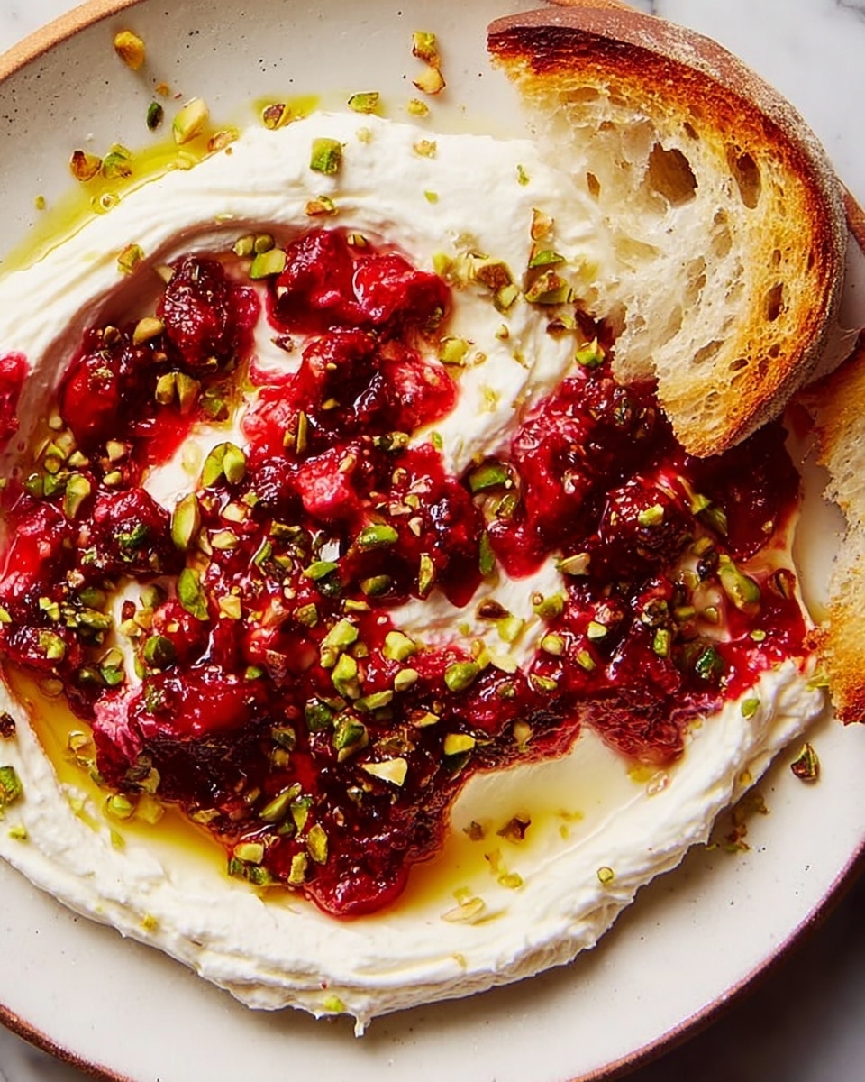 A white round plate on a white marbled surface holds a creamy, soft spread as the base layer, smooth and white with a slightly uneven texture. On top, bright red chunks of fruit preserve or jam form the second layer, scattered unevenly in groups around the spread. The fruit topping is dotted with chopped green pistachios, adding a rough texture and color contrast. A drizzle of golden honey shines between the layers, mixing slightly with the red jam. At the edge of the plate, a piece of toasted bread with a golden-brown crust and airy interior rests partially dipped in the creamy spread and jam mixture. Photo taken with an iphone --ar 4:5 --v 7