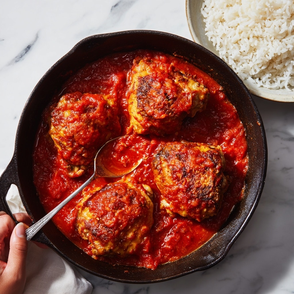 The image shows a white plate with three main layers: a pile of white fluffy rice on the right, two golden-brown fried plantains beside the rice, and a large piece of chicken covered in thick, red tomato sauce topped with small green onions on the left. Next to the plate, a silver fork rests on the bottom edge. In the background, there are two additional white dishes, one filled with several golden-brown fried plantains and the other with orange rice mixed with green peas and small carrot pieces. All dishes are placed on a white marbled surface. Photo taken with an iphone --ar 4:5 --v 7