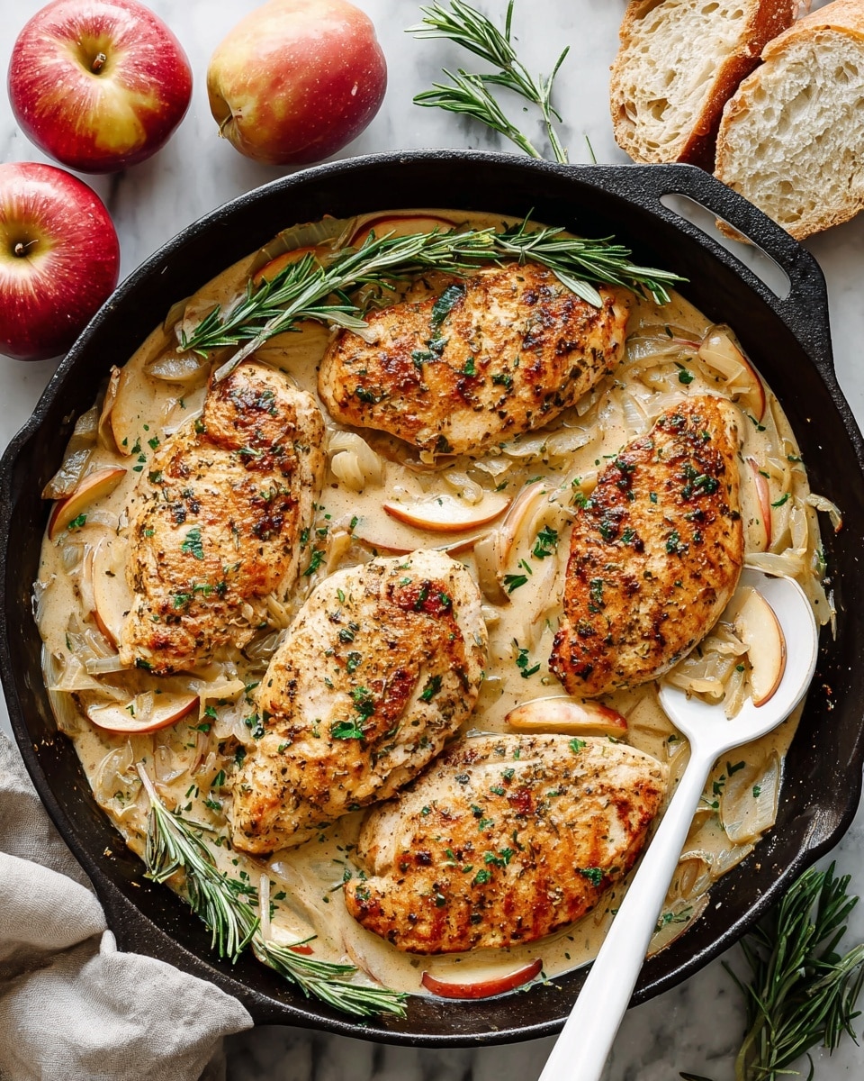 The dish shows four cooked chicken thighs with crispy golden-brown skin, each nestled in a creamy, light yellow sauce that has a smooth texture with bits of herbs and small vegetable pieces visible. Around the chicken, there are several slices of cooked red-skinned apples with soft pale yellow interiors, slightly browned on the edges. The food sits inside a white bowl with ornate, raised patterns on the rim. Fresh chopped green herbs are sprinkled on top, adding a pop of color. The bowl is placed on a white marbled surface, with some scattered herbs and part of a white bowl with more green herbs visible in the background. Photo taken with an iphone --ar 4:5 --v 7