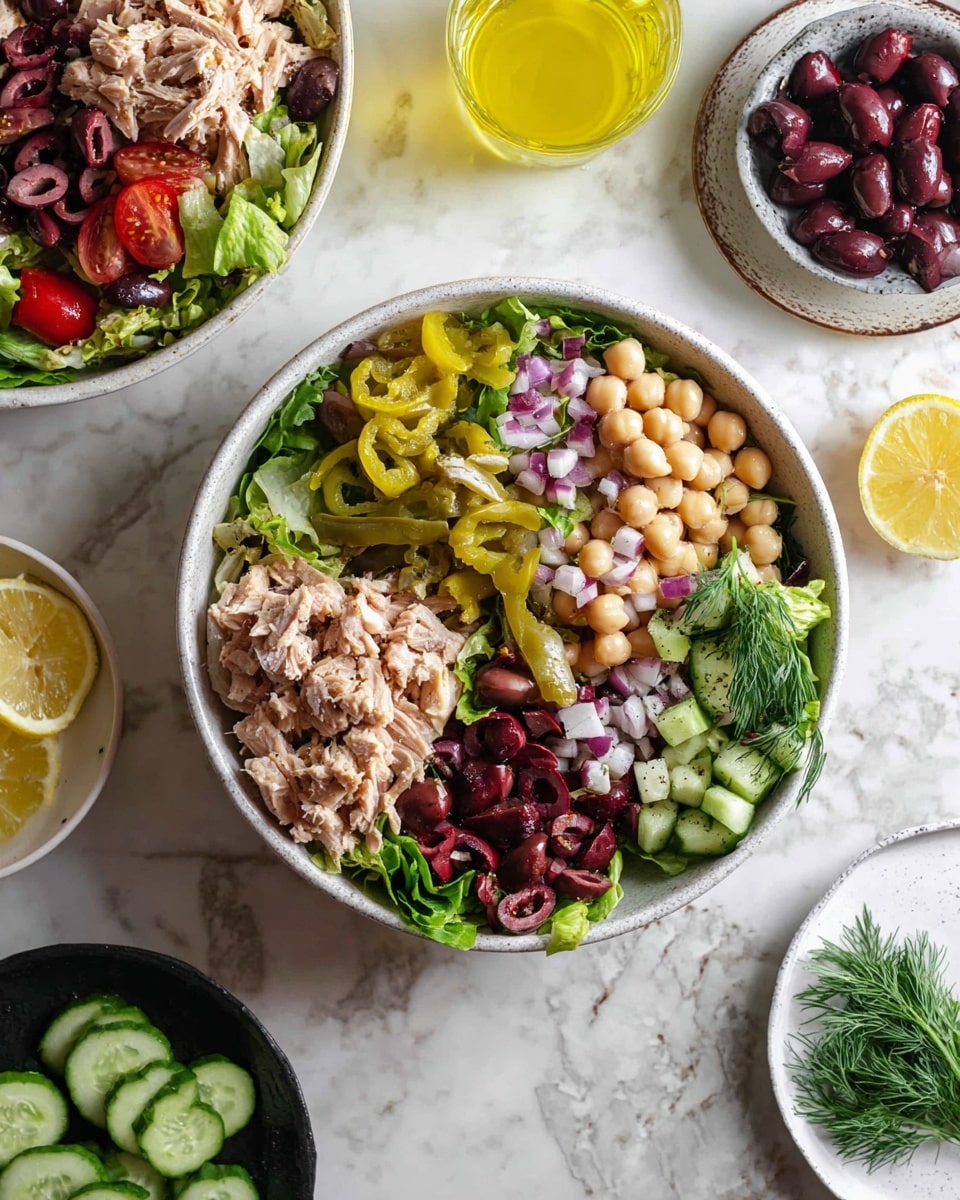 A white speckled bowl holds a mixed salad with several layers of fresh ingredients. The base layer shows bright green cucumber chunks mixed with red cherry tomato halves. Scattered throughout are pieces of light pink tuna, creamy white cubes of feta cheese, dark purple and green olives, and thin slices of purple onion. The salad is sprinkled with chopped green herbs and red pepper flakes, adding texture and color contrast. A silver spoon rests inside the bowl to the right, and the bowl sits on a white marbled surface with lemon wedges and fresh dill around it. photo taken with an iphone --ar 4:5 --v 7