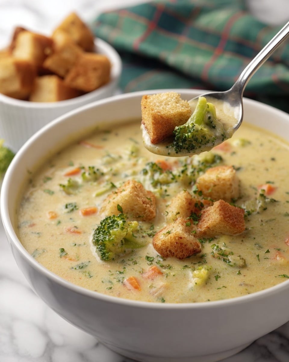 A white bowl filled with creamy broccoli cheese soup that has visible green broccoli pieces and small orange carrot strips mixed throughout the light yellow, thick broth. On top, there are golden brown toasted croutons scattered, some with fresh chopped green herbs sprinkled over. The bowl sits on a wooden board placed on a white marbled surface. Nearby, there is a small white bowl full of more croutons, a silver spoon beside it, and a white cloth with green stripes casually placed in the background. photo taken with an iphone --ar 4:5 --v 7