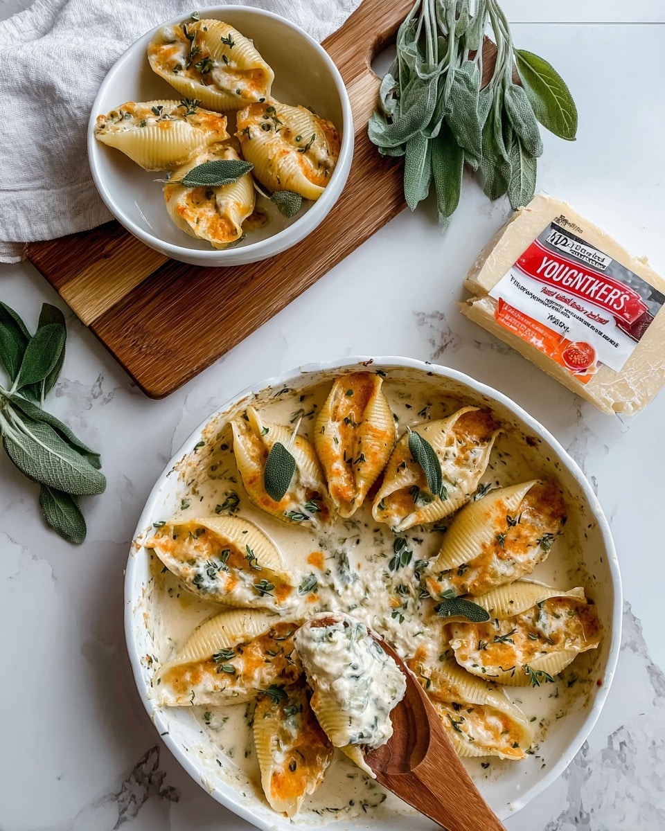 A white round baking dish filled with one layer of large pasta shells stuffed with a creamy orange filling, arranged close together in a circular pattern. Each shell is topped with melted, slightly browned white cheese and small green sage leaves scattered on top and in between the shells. The dish sits on a white marbled surface with some fresh sage leaves nearby, creating a fresh and cozy look. photo taken with an iphone --ar 4:5 --v 7