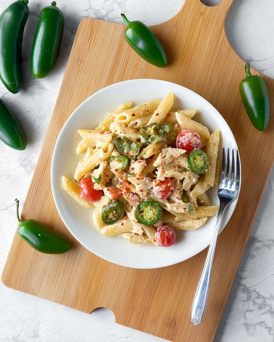 A white plate sits on a wooden cutting board with a simple handle cutout, placed on a surface with a white marbled texture. On the plate, there is creamy penne pasta mixed with pieces of chicken, halved cherry tomatoes, and slices of bright green jalapeños. The pasta is coated in a light creamy sauce, and there are small red chili flakes sprinkled on top. A shiny silver fork rests on the right edge of the plate, angled slightly outward. Around the cutting board, there are three whole green jalapeños positioned casually. Photo taken with an iphone --ar 4:5 --v 7