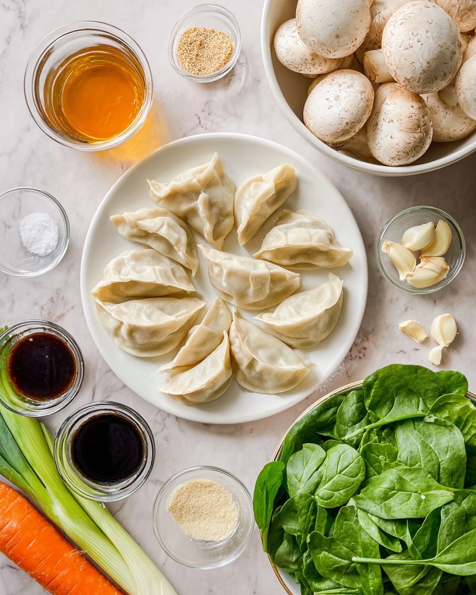 A round white plate is filled with about sixteen light beige dumplings, each folded with a soft, smooth texture and slight folds on the edges, arranged loosely in layers. Above the plate, a white bowl holds several whole white mushrooms with brown spots, showing a smooth and slightly dirty surface. To the right, a large white bowl is full of fresh, bright-green spinach leaves with smooth and slightly wrinkled textures. Around the main plate, there are small clear glass bowls containing dark soy sauce, coarse salt, and a pale ginger paste, along with whole peeled garlic cloves sitting directly on the white marbled surface. On the left side, an orange carrot and three green spring onions with white bulbs rest on the white marbled surface. photo taken with an iphone --ar 4:5 --v 7