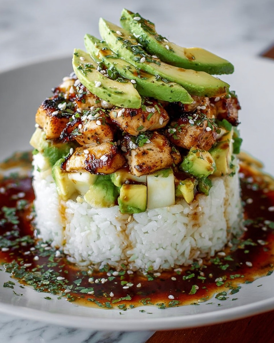 A tall, neat stack of food sits on a white plate, placed on a white marbled surface. The bottom layer is a compact cylinder of white rice with a smooth texture and some herbs sprinkled around its base. On top of the rice, there is a layer of diced avocado pieces in light green shades. Above the avocado is a generous layer of grilled chicken chunks, browned with char marks, giving a textured and slightly crisp appearance. More diced avocado is mixed with the chicken, topped with thin avocado slices arranged in a fan shape. The entire stack is drizzled with a dark brown sauce that pools lightly on the plate, garnished with small white sesame seeds and green chopped herbs scattered over the top and around the base. Photo taken with an iphone --ar 4:5 --v 7