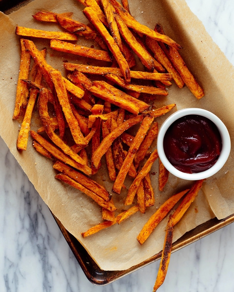 A pile of crispy, golden-orange carrot fries with a slightly charred texture is placed on white parchment paper. The fries are sprinkled with green chopped herbs. Behind the fries, there is a small white bowl filled with a creamy, light orange dipping sauce that has green herbs on top. The background shows a white marbled surface. The photo taken with an iphone --ar 4:5 --v 7