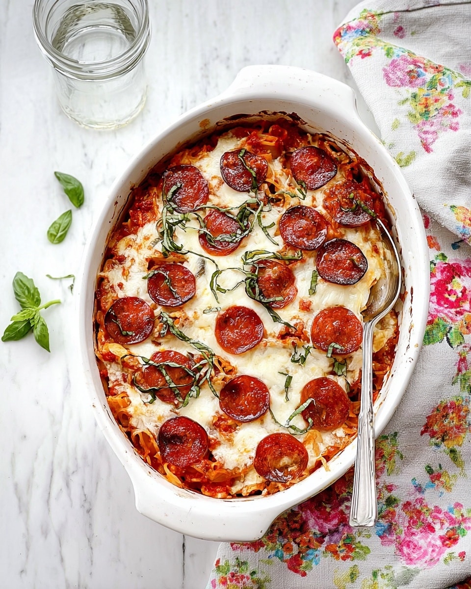 A white oval dish filled with a layered baked pasta dish, showing at least three layers: the bottom layer is a rich red tomato sauce with bits of meat, the middle layer is pasta mixed with the sauce, and the top layer is golden melted cheese with round, bright red pepperoni slices and green herbs sprinkled on top. A gold spoon lifts a cheesy, saucy portion, stretching gooey white melted cheese with a single pepperoni on top. The dish sits on a white and blue checkered cloth over a white marbled surface, with a wooden bowl blurred in the background. Photo taken with an iphone --ar 4:5 --v 7