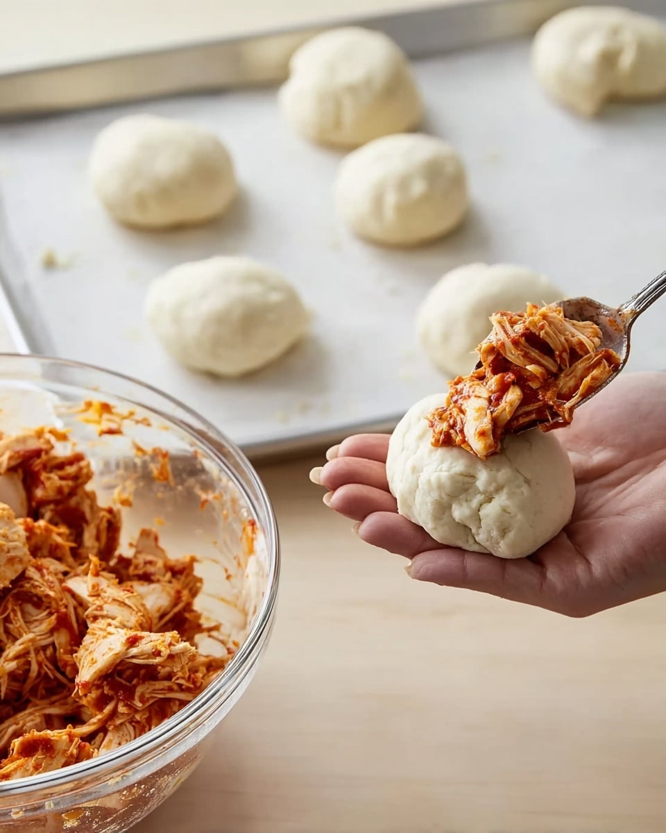 A white woman's hand is holding a round ball of dough with a smooth, slightly bumpy white surface in the palm, while a spoon lifts shredded chicken coated in a reddish sauce, ready to be placed on the dough. There is a glass bowl on a white marbled surface filled with more of the shredded chicken mixture, showing orange and red colors with visible pieces of tender chicken. In the background, four more dough balls sit on a white baking sheet, each with a soft, smooth texture and slightly irregular round shapes. Photo taken with an iphone --ar 4:5 --v 7